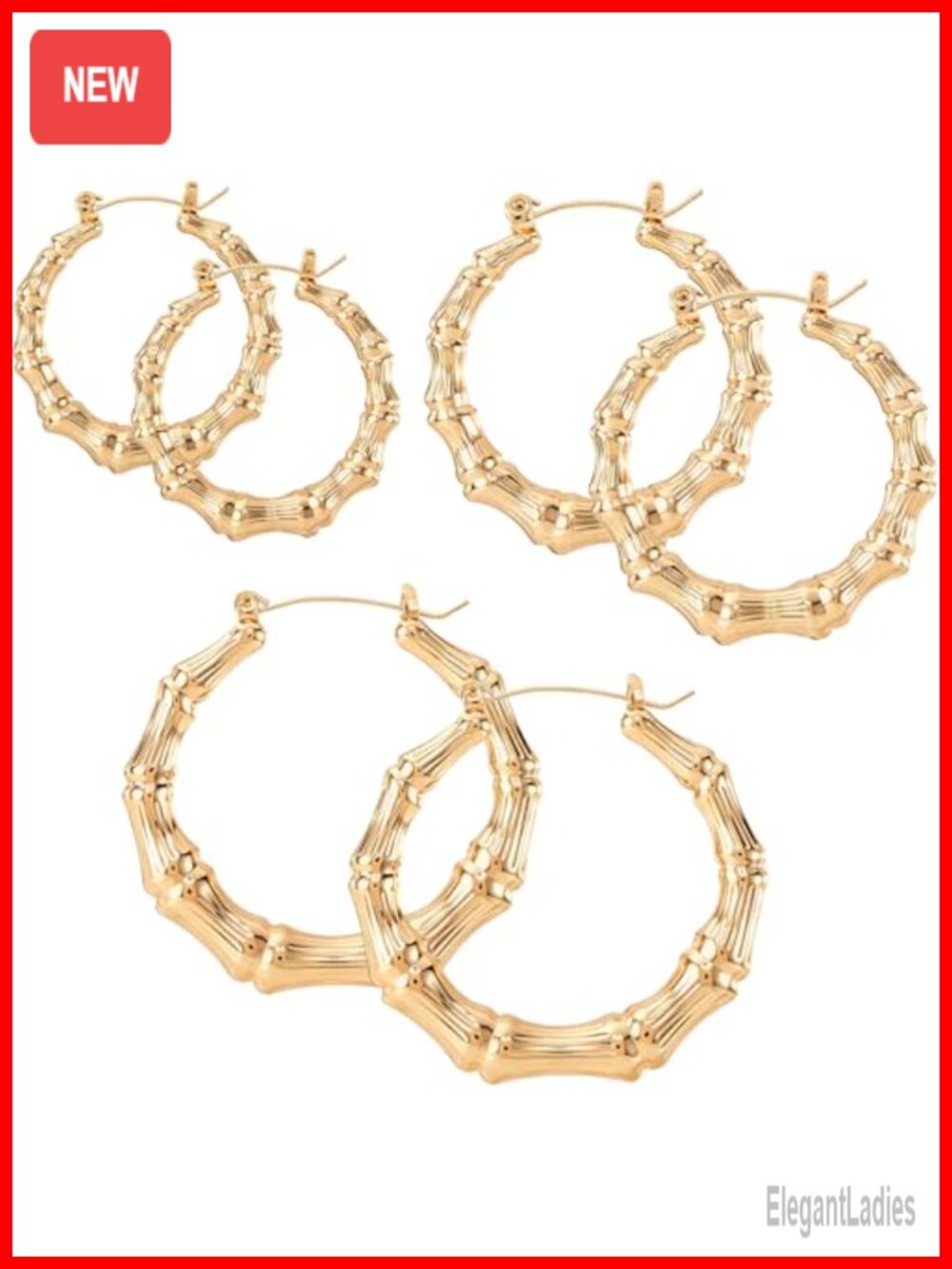 3 Pairs Large Bamboo Hoop Earrings 14K Gold Plated Stainless Steel